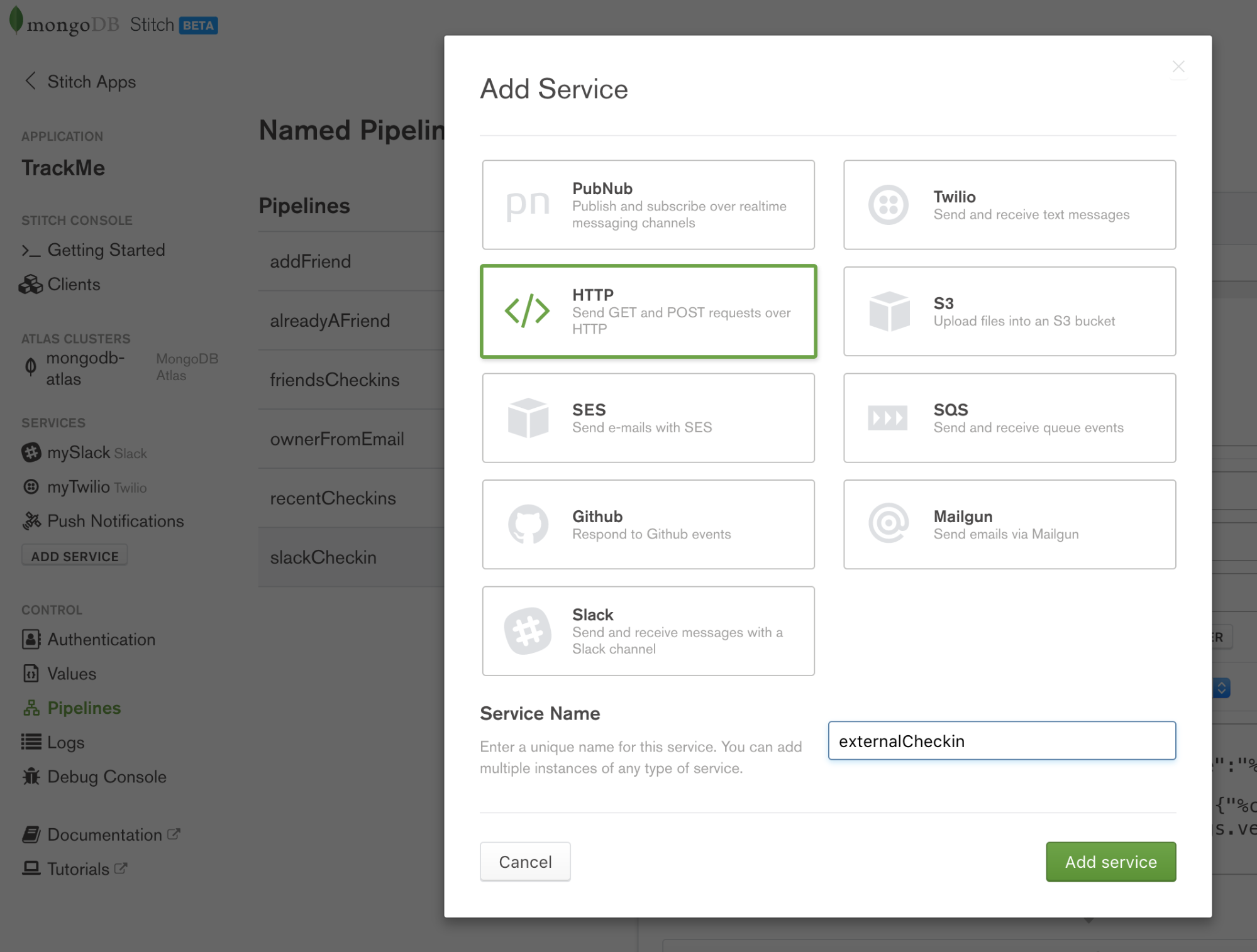 Create externalCheckin HTTP service in MongoDB Stitch