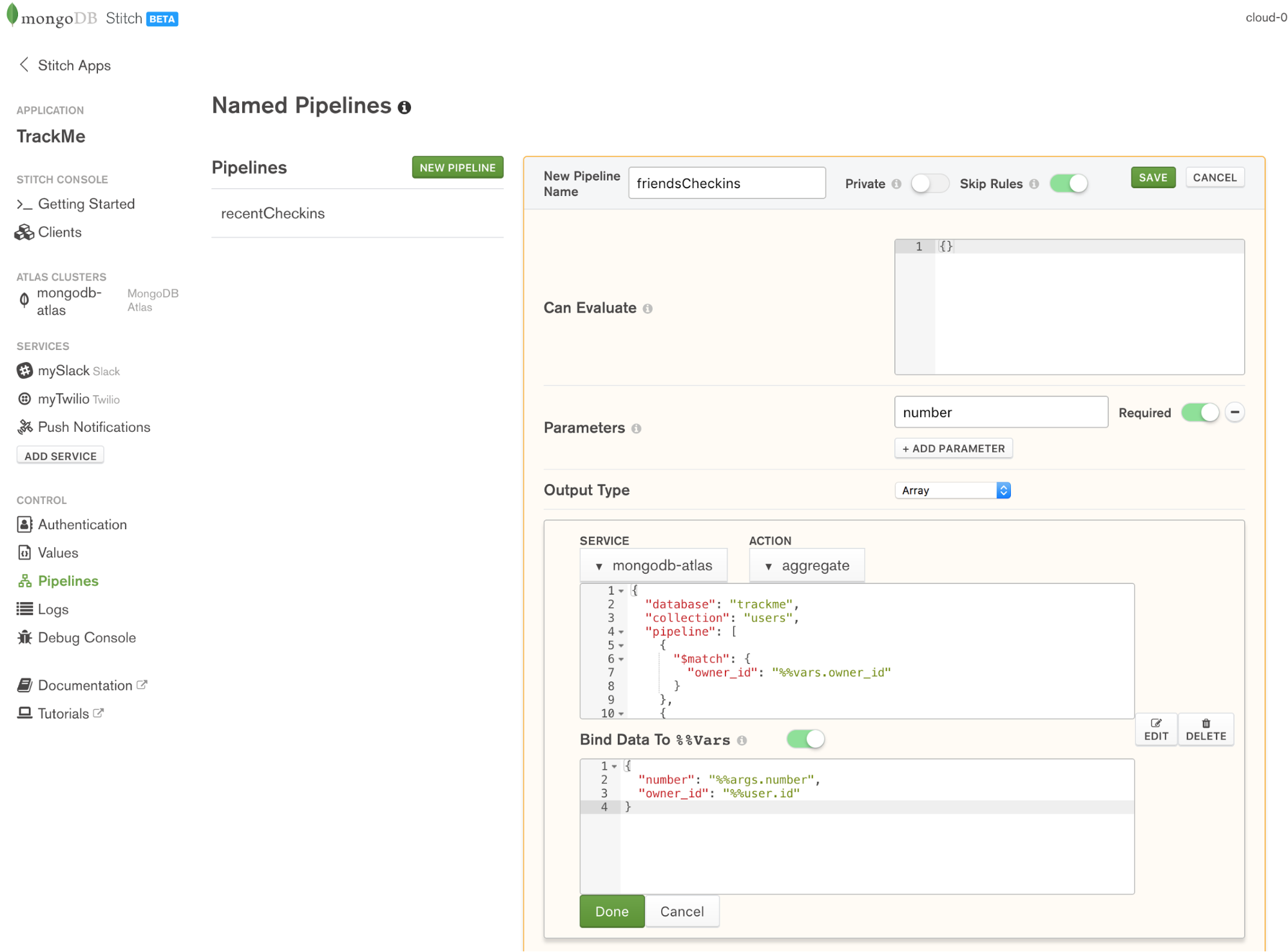 Define friendsCheckin named pipeline in MongoDB Stitch