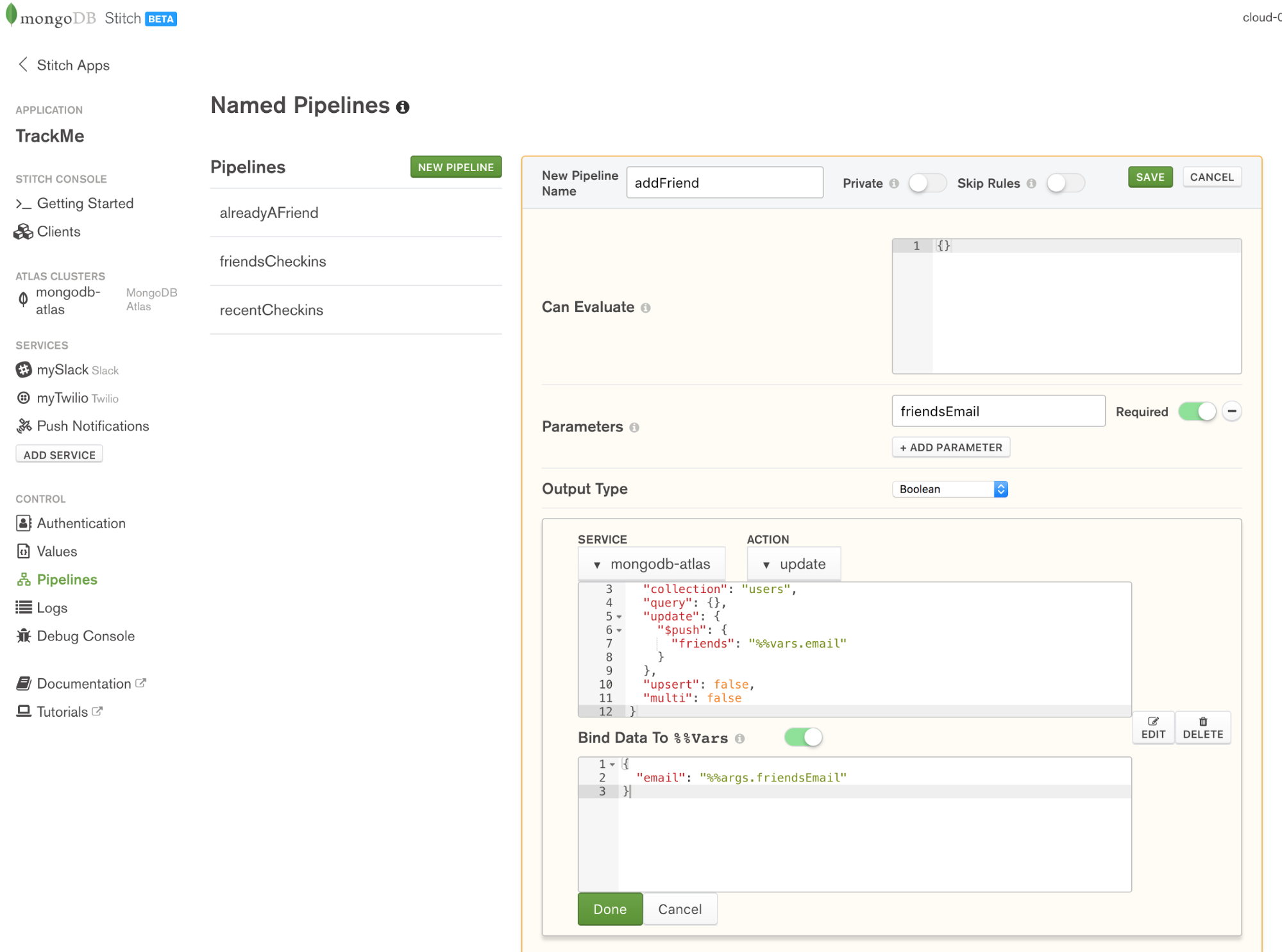 Define the addFriend named pipeline in MongoDB Stitch
