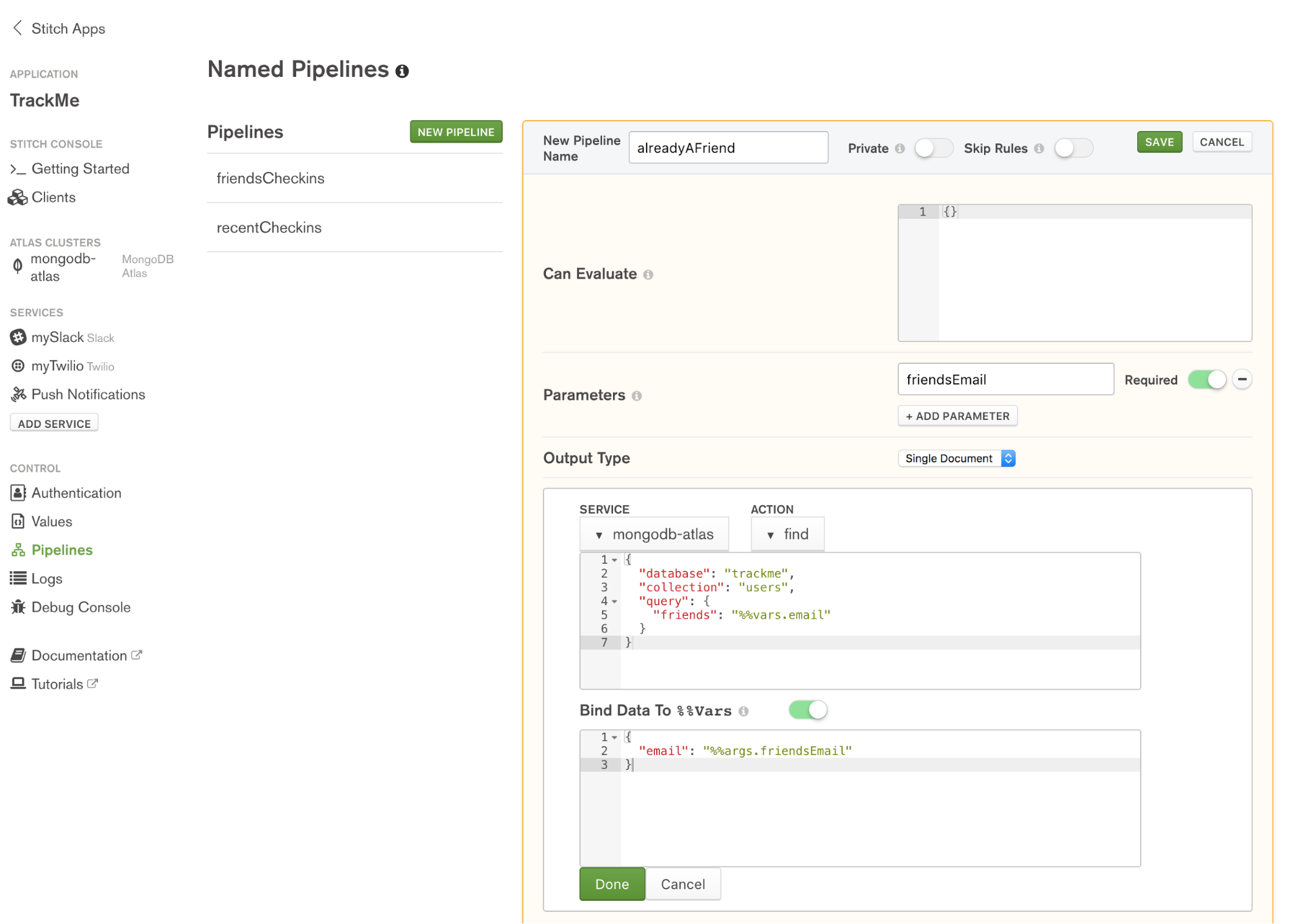 Define the alreadyAFriend named pipeline in MongoDB Stitch