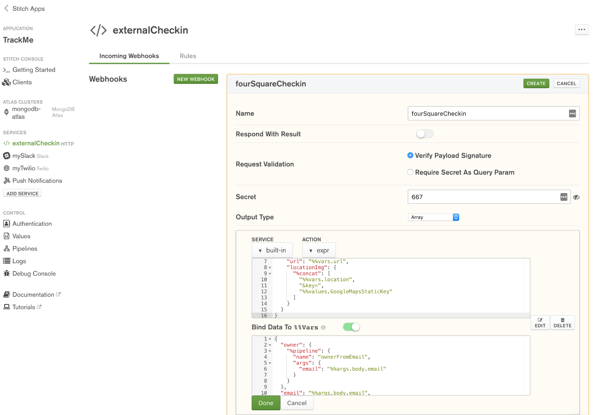 Define fourSquareCheckin WebHook in MongoDB Stitch