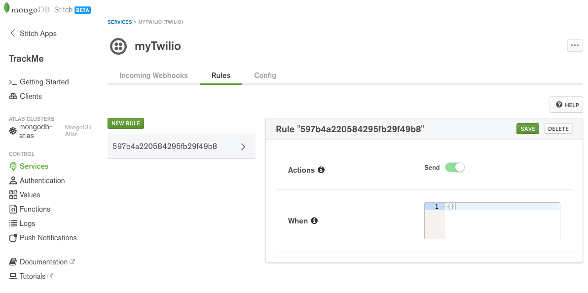 Configure Twilio rules in MongoDB Stitch