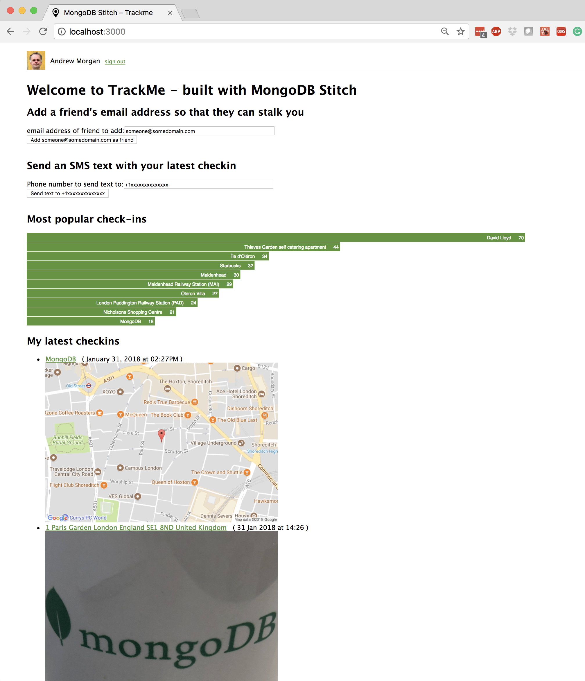 TrackMe ReactJS Web app frontend for MongoDB Stitch