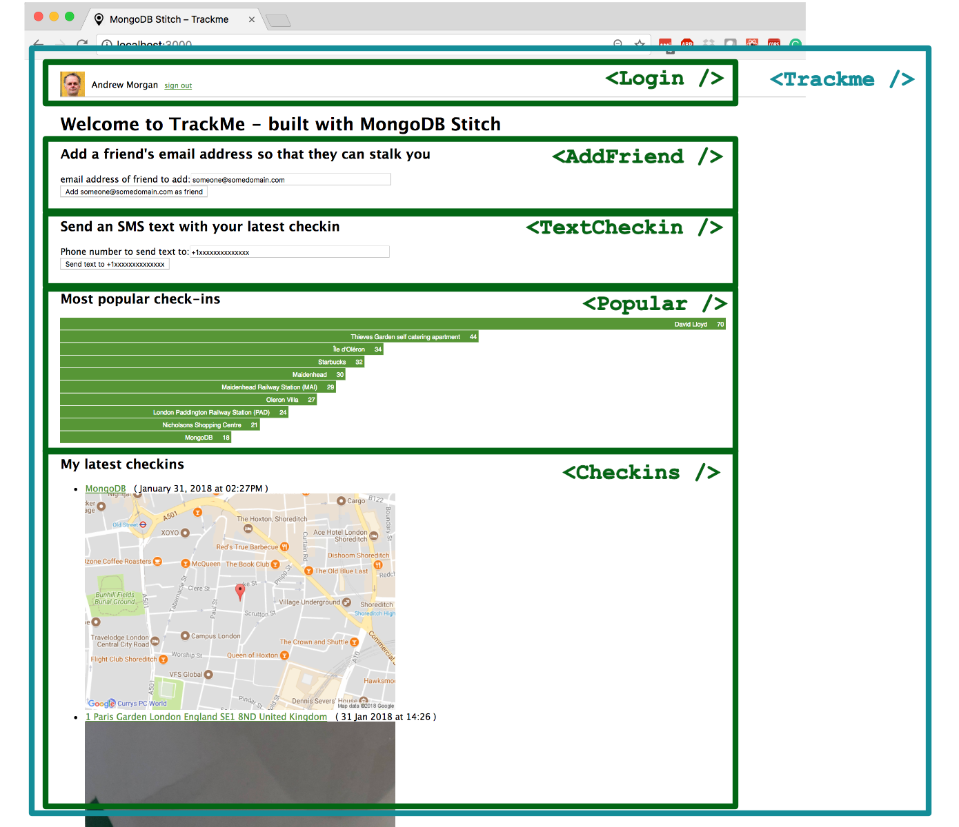 React components making up the TrackMe web app