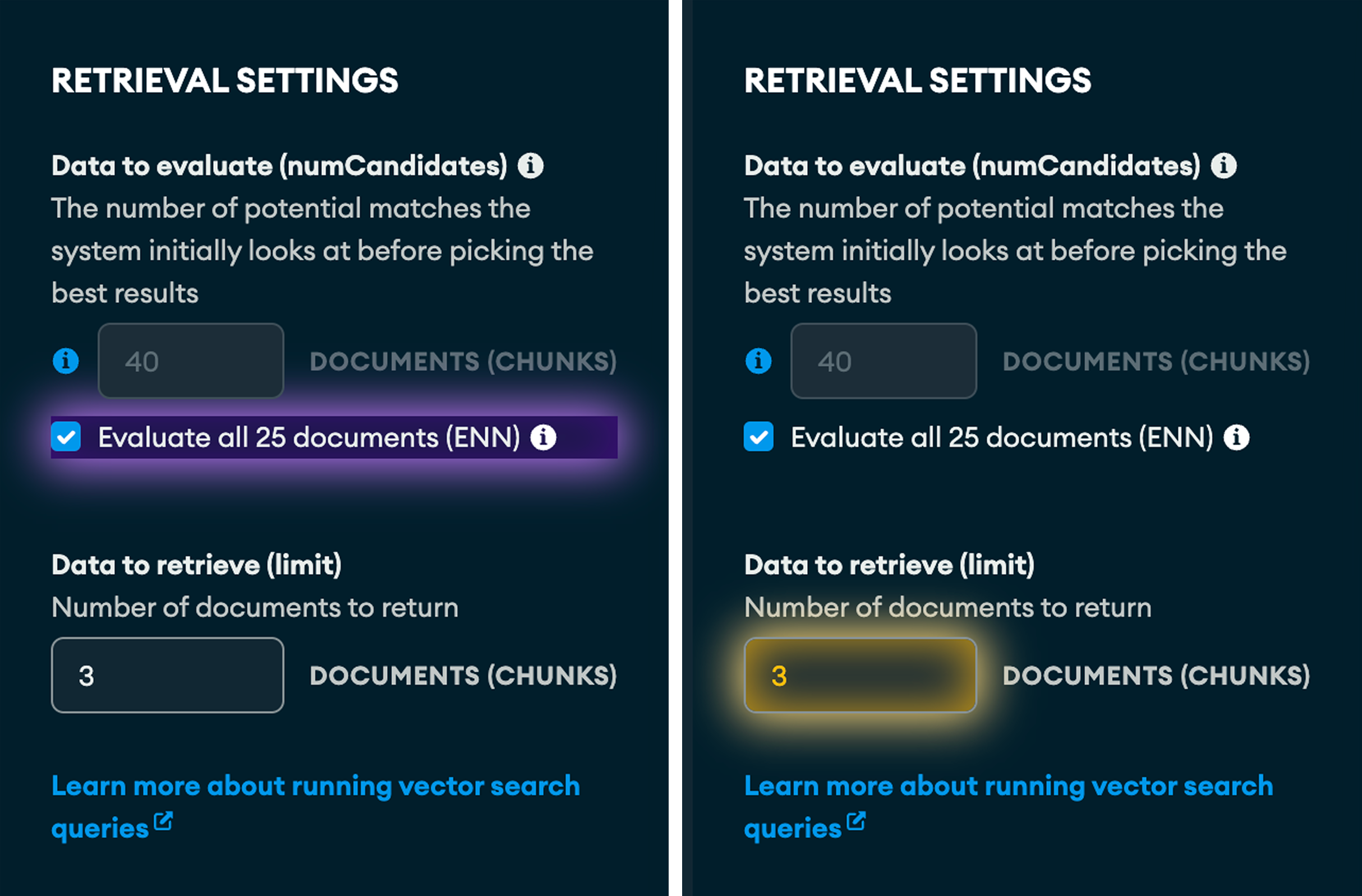 Another two screen grabs, these two of retrieval setting. The one on the left highlights the parameters for how many documents to evaluate, and the one on the right highlights the number of documents to return.