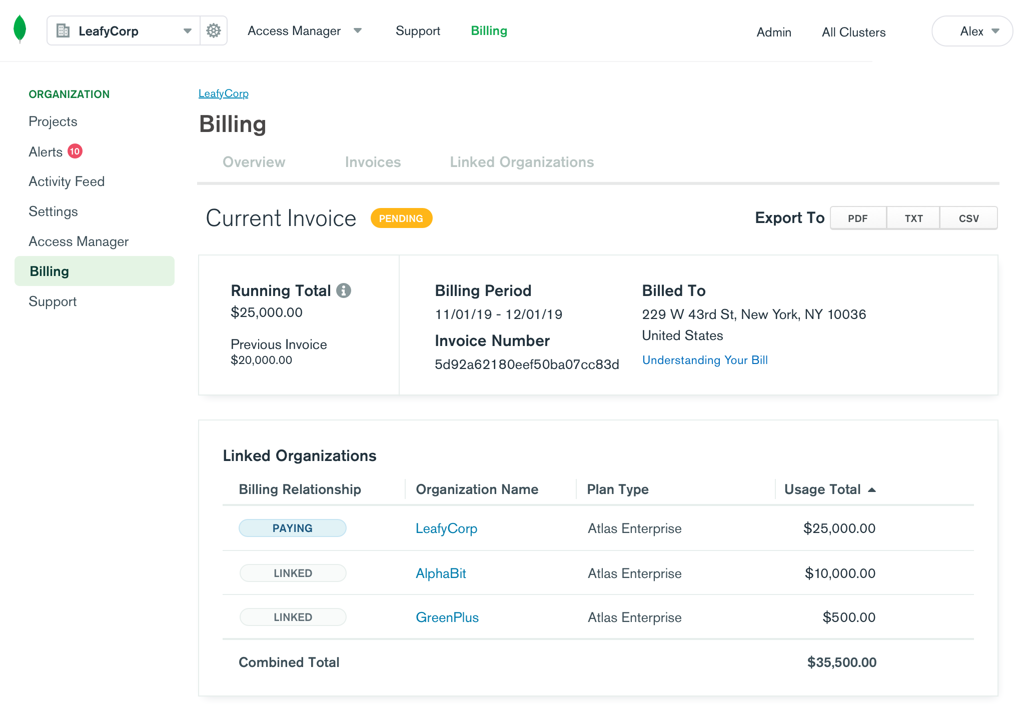 Link MongoDB Cloud organizations for a consolidated billing experience across teams.