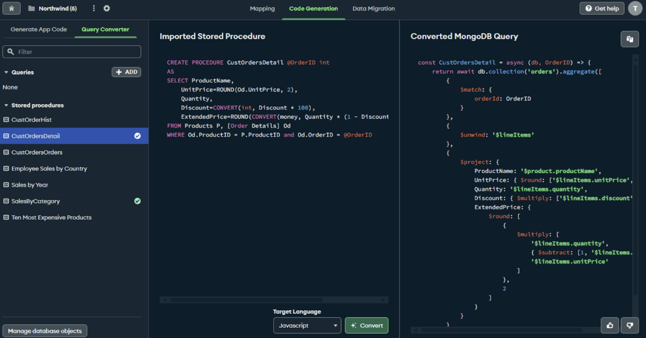 Screenshot of the AI-powered SQL Query Converter Tool that lives within MongoDB Relational Migrator