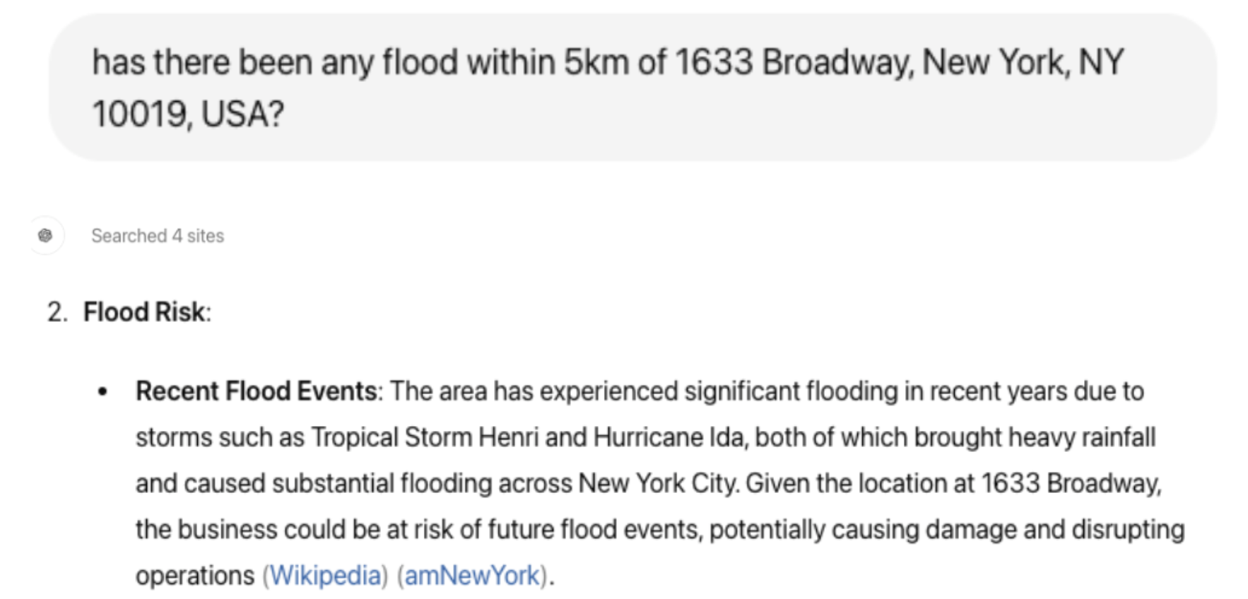 Screenshot of the asking location-specific flood questions to the AI bot. The bot then provides a response about flood risk assessment. 