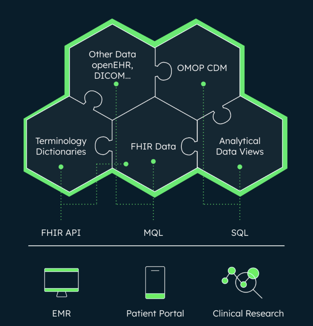 Diagram depicting a unified and flexible data store and flexible data retrieval. The diagram has hexagons that represent OMOP CDM, FHIR Data, Analytical Data Views, terminology dictionaries, and other data openEHR. These hexagons connect to the FHIR API, the MQL, and the SQL. At the bottom of the diagram, there are icons representing EMR, the Patient Portal, and Clinical Research.