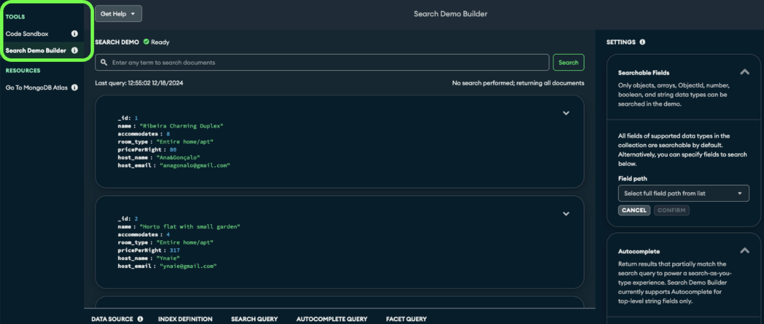 Screenshot of the Search Demo Builder navigation panel