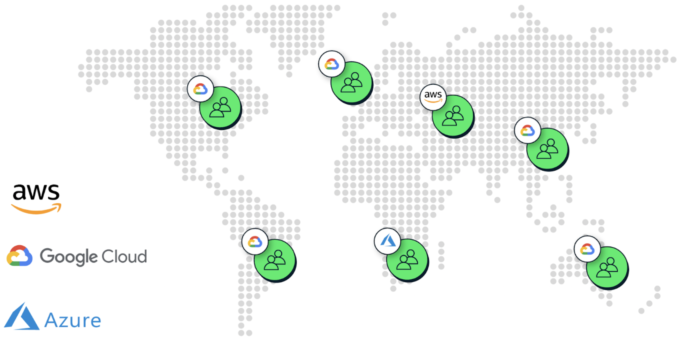 World map showing different cloud regions from AWS, Google Cloud, and Azure.