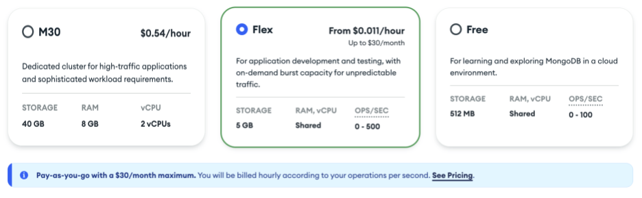 Screenshot of the different pricing tiers in MongoDB Atlas. The left starts with M30, than Flex is in the middle, and Free tier is on the right.