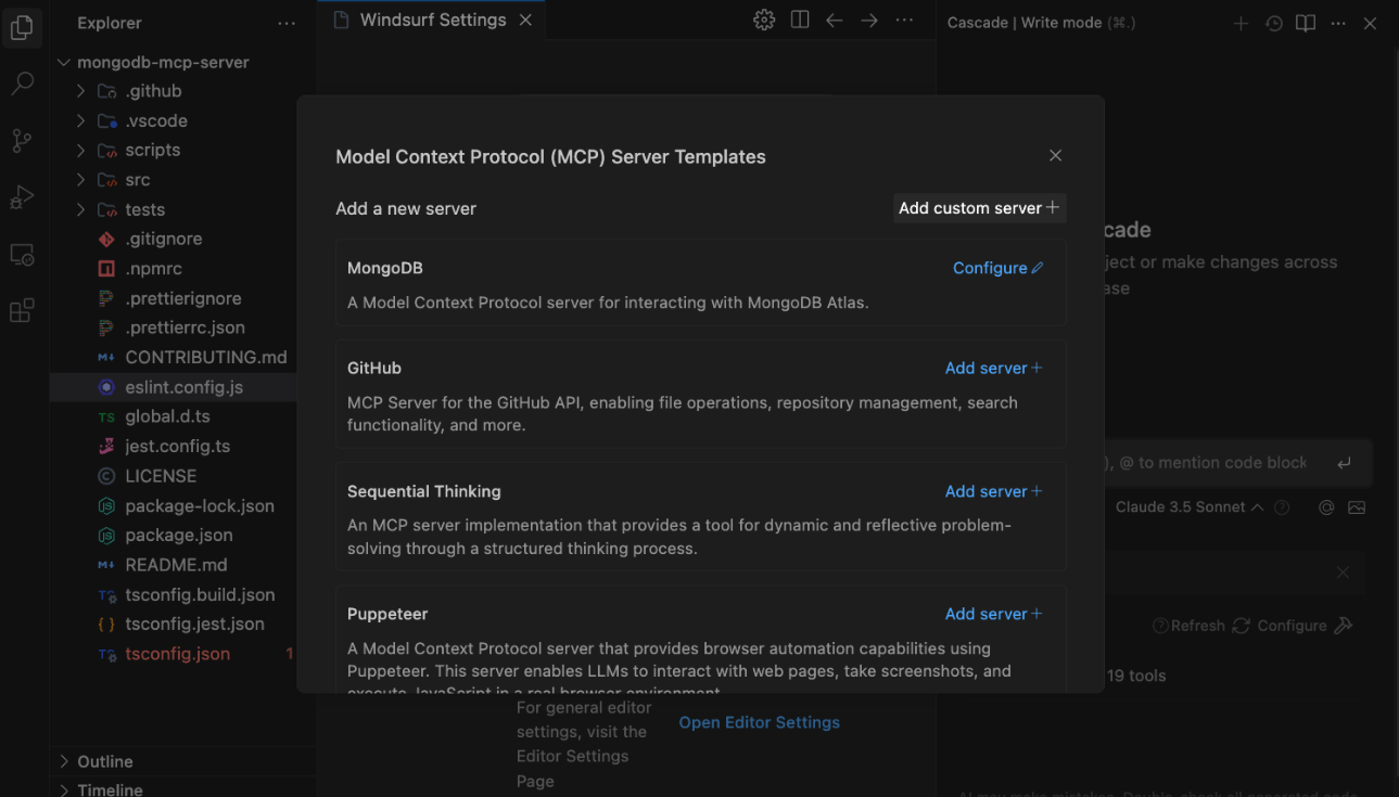 Screenshot showing the Windsurf MCP server templates.