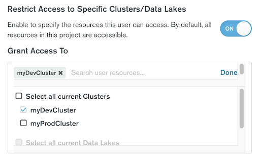 Restrict database user access to specific Atlas clusters or Data Lakes in a project