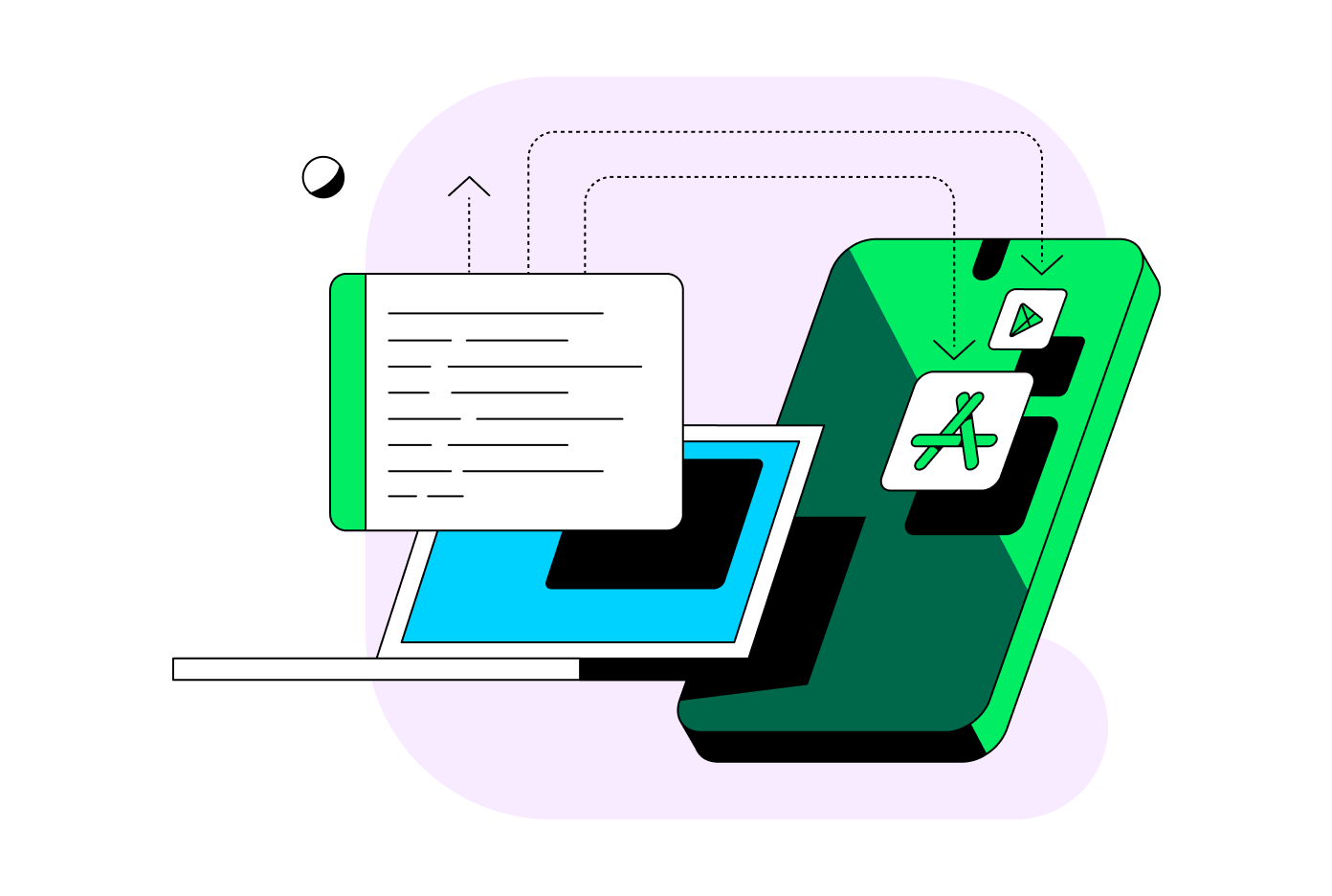 Illustration depicting mobile apps. The illustration contains a green phone with the app icon on it, with lines connecting it to a laptop