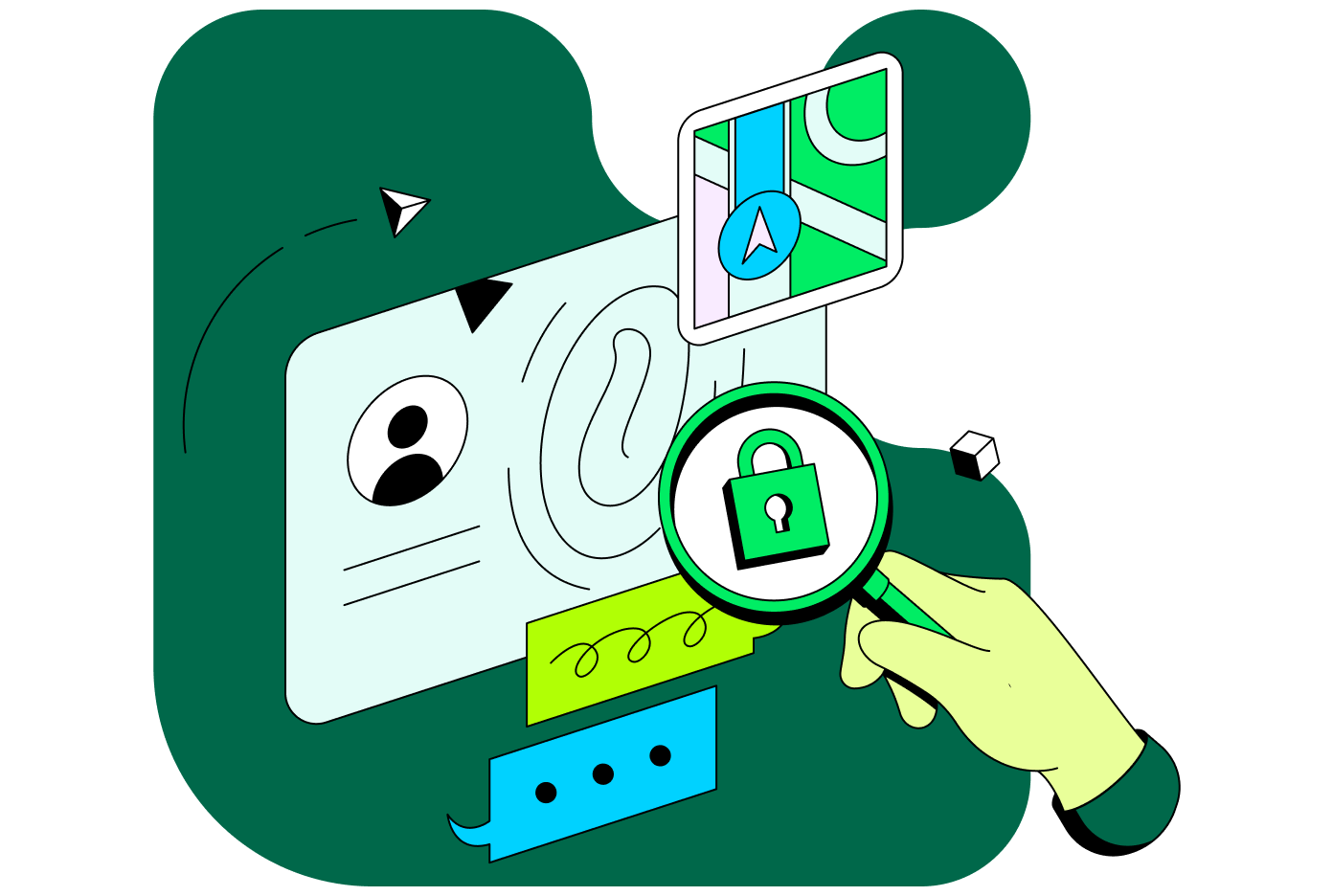 Illustration depicting security with a hand holding a magnifying glass with a lock inside, and a computer screen with a fingerprint on it.