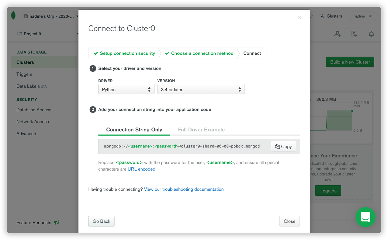 Connection string for MongoDB Atlas cluster