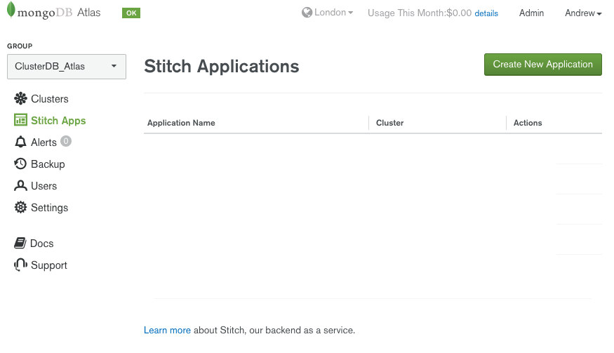 Create new MongoDB Stitch application