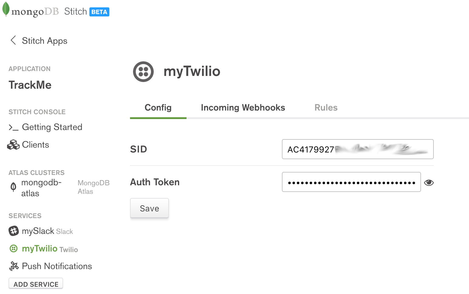 MongoDB Stitch, configuring Twilio service